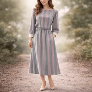 Vintage 80s JCPenney Striped Belted Dress Size Women's 11/12 Pink Blue Midi